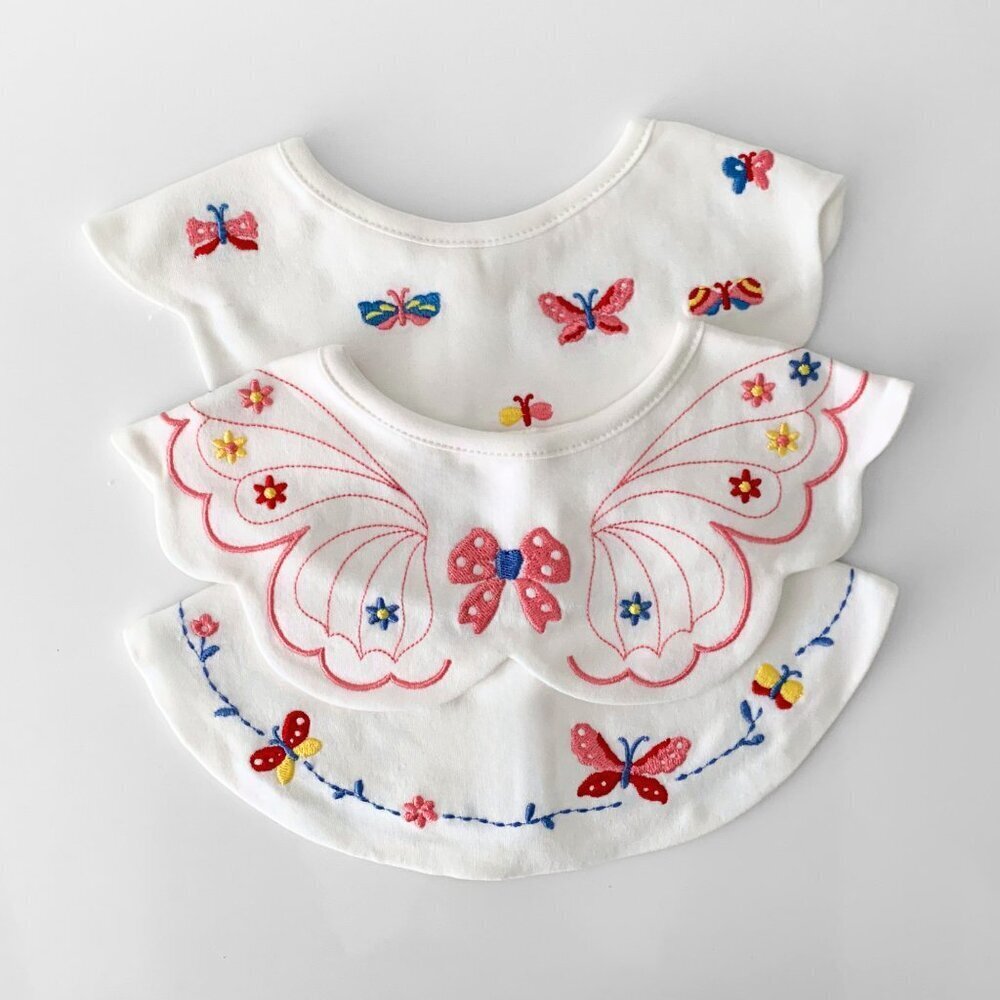 NWT Pretty Boutique Baby Girls Bibs Scalloped Edge Butterfly Embroidery Set of 3